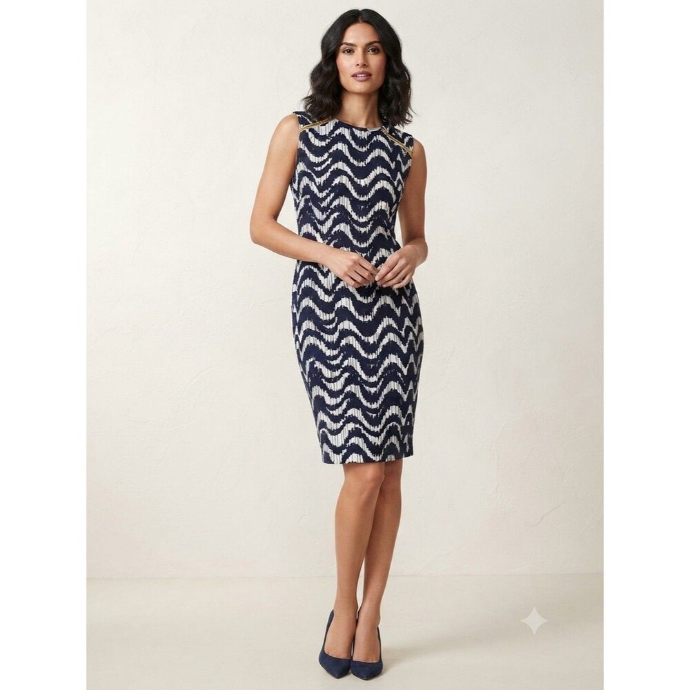 Karin Stevens Navy And White Zigzag Chevron Shift Dress With Gold Zipper Accents